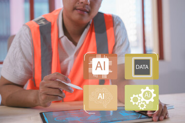 Engineer analyzing big data and digital analytics on tablet with futuristic interface overlay representing data science, AI, cloud computing, IoT, smart industry, and digital transformation.