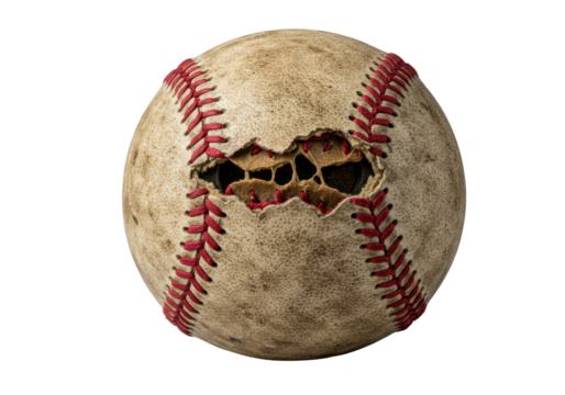 A worn baseball with aged leather, scuffs, soil, red stitching, torn open revealing internal windings, on a transparent background, macro shot, raking light. Concept of sports history