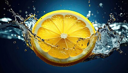 Vibrant Lemon Slice with Splash against Deep Blue Backdrop in Studio Lighting, Clear Water Drops and Bubbles Creates Dynamic Abstract Effect