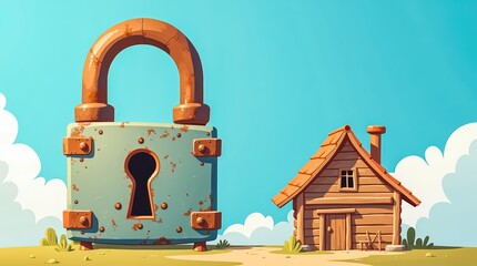 Padlock and wooden house illustration