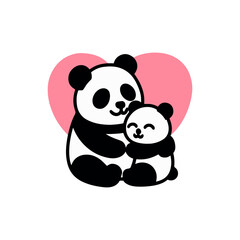Obraz premium Adorable cartoon pandas hugging in front of a large pink heart