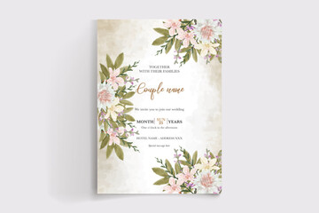 WEDDING INVITATION FRAME WITH FLOWER DECORATIONS AND FRESH LEAVES
