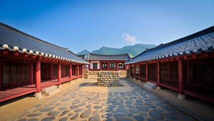 Traditional Korean hanok courtyard with stone pathways and tiled roofs, red columns, covered walkways, central stone patio, surrounded by mountains under clear blue sky, showcasing cultural heritage.