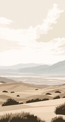 A serene vista of a desert landscape, featuring gentle hills and a hazy mountain range, under a soft, pastel sky with scattered clouds.