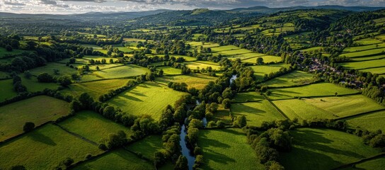 Scenic Aerial View of Lush Green Fields and River in Countryside