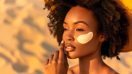 African American woman applying sunscreen on her face while enjoying a sunny day outdoors, showcasing skincare routine and sun protection awareness in a natural setting