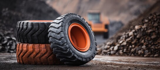Heavy Equipment Tires Stacked on Construction Site with Machinery