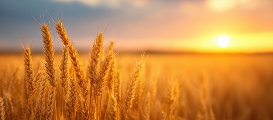 Naklejka premium Serene Golden Wheat Field Under a Warm Sunset Sky