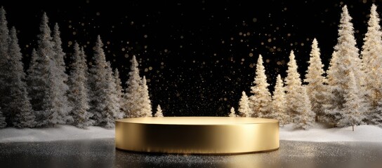 Elegant Golden Pedestal Surrounded by Snowy Trees and Sparkle