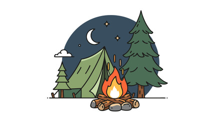 Obraz premium Camping and campfire scene at night with a tent and pine trees, evoking a sense of adventure and outdoor recreation under a starry sky