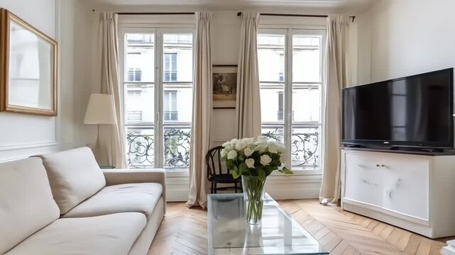 A well-lit Parisian living room, showcasing a light beige sofa, ornate windows, and a delicate arrangement of white flowers.