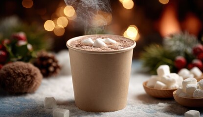 Cozy Hot Chocolate with Marshmallows in a Rustic Paper Cup