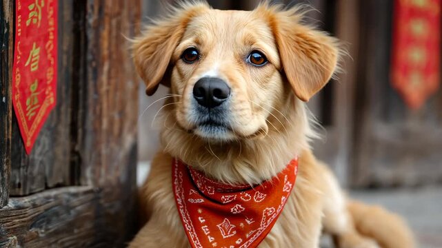 Adorable puppy in red bandana exploring rustic wooden setting