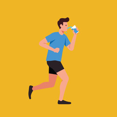 Man running and drinking water on gold backdrop in flat art style