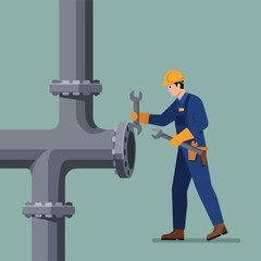 Mechanic fixing pipes with wrenches, wearing hard hat and gloves