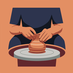 Hands shaping clay on potter's wheel