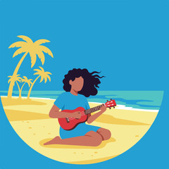 Woman plays ukulele on the beach with palm trees and blue sky background
