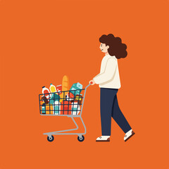 Woman with a full shopping cart on an orange background, vector illustration