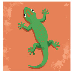 Green gecko with orange spots clings to a textured orange surface