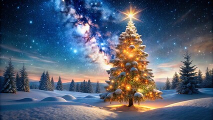 Magical Christmas tree glows in snowy landscape under starry night sky for holiday cheer
