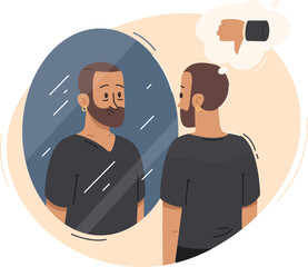 Man Looking At Himself In Mirror With Negative Thought Bubble And Transparent Background