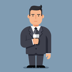 Flat illustration of news reporter holding microphone in suit