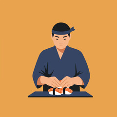 Sushi chef making nigiri on board, orange background