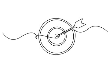Target with arrow hitting center one continuous line drawing archery goal illustration

