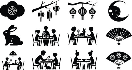 Mid Autumn Festival lantern rabbit moon family dinner icons, Chinese traditional celebration fan cultural illustration vector holiday design set