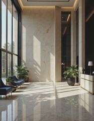 Modern hotel lobby featuring elegant design and natural light