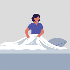 Figure sits up in bed pulling up a white sheet on blue frame/pillow