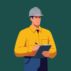 Worker with hardhat writes on clipboard