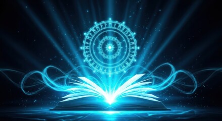 Enchanted Open Book with Radiant Blue Magic, a Cosmic Rune Circle, and Glowing Energy against a Starry Sky, embodying Ancient Wisdom and Mystical Power