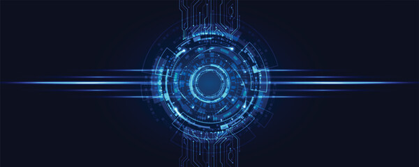 Futuristic digital interface background with glowing blue circular elements and cyber technology lines, symbolizing data, innovation, AI, network, and high-tech design.
