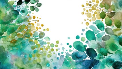 A vibrant watercolor painting showcases a dynamic arrangement of teal, green, and gold leaves in a corner border design.