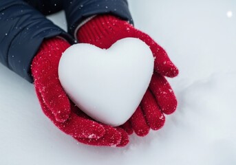 Fototapeta premium Close-up of hands in red knitted gloves holding a heart-shaped snowball on a snowy winter day, symbolizing love and warmth.