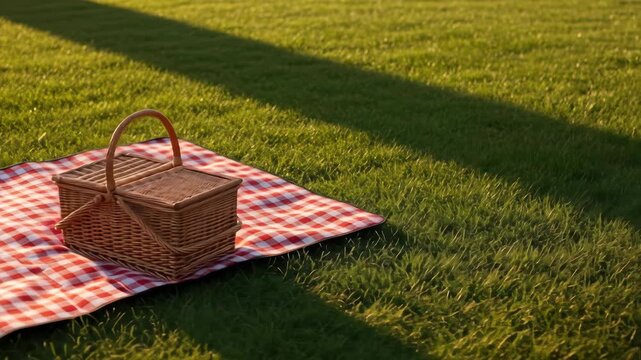 Wicker picnic basket on a red checkered picnic blanket, on green grass in sunlight, idyllic outdoor setting. Nature, lifestyle and summertime picnic concept.