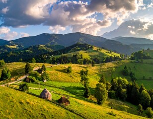 Sunlit pastoral scene of rolling green hills, farmhouses, and mountains under a partly cloudy sky