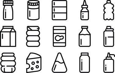Food and beverage packaging icons set including bottles, jars, cartons, cheese, yogurt, condiments, peanut butter, dairy container vector