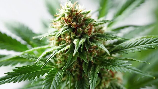 Extreme close up of a flowering cannabis plant with visible trichomes and pistils isolated on a white background, highlighting the details of the ripe bud used for recreational and medical purposes