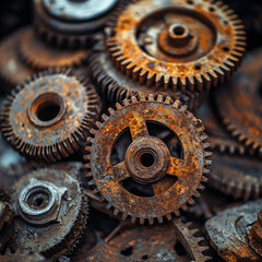 Pile of old rusty metal gears and cogs showing industrial decay and mechanical wear in close-up view
