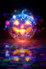 Obraz premium Halloween disco ball pumpkin with glowing face under colorful lights for spooky party celebration