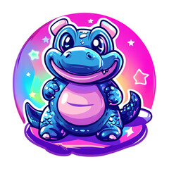 Cute Baby Dragon in Neon Galaxy Cartoon Mascot Logo