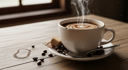 Hot Coffee Cup on Wooden Table.