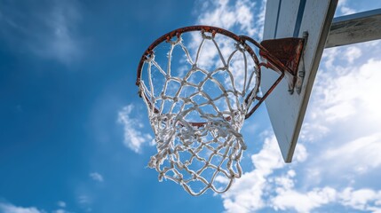 A basketball hoop with a white net set against a bright blue sky and light clouds, symbolizing sports, outdoor activity, and the spirit of the game