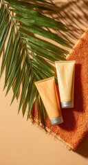 Two tubes of light orange and pale yellow lotion rest on a terracotta-colored towel, with a palm leaf adding a touch of tropical warmth to the scene.