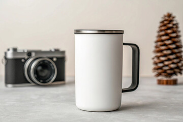Blank White Travel Mug or Tumbler Mockup with Handle and Lid