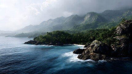 A scenic tropical island coastline with lush green hills rocky shores and blue ocean waters