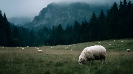 A flock of white sheep grazes peacefully in a lush green meadow with a dense pine forest and misty mountains in the background
