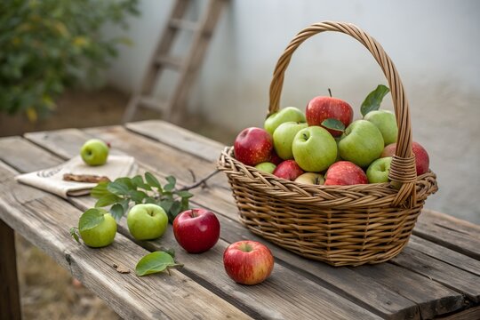 Freshly harvested vibrant red and green apples overflowing from a rustic woven basket on a weathered wooden table - Powered by Adobe